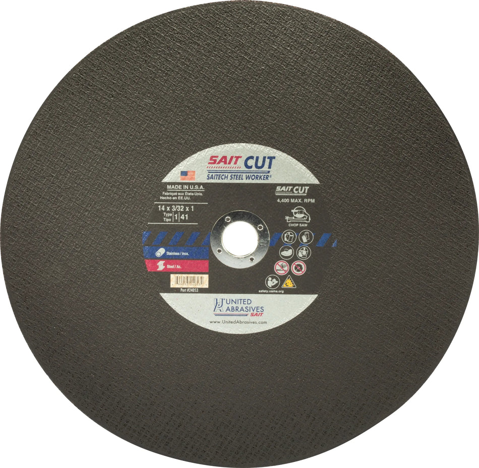 United Abrasives-SAIT 24053 Saitech Steel Worker® Premium Performance Chop Saw Wheels 14" x 3/32" x 1", 1-Pack
