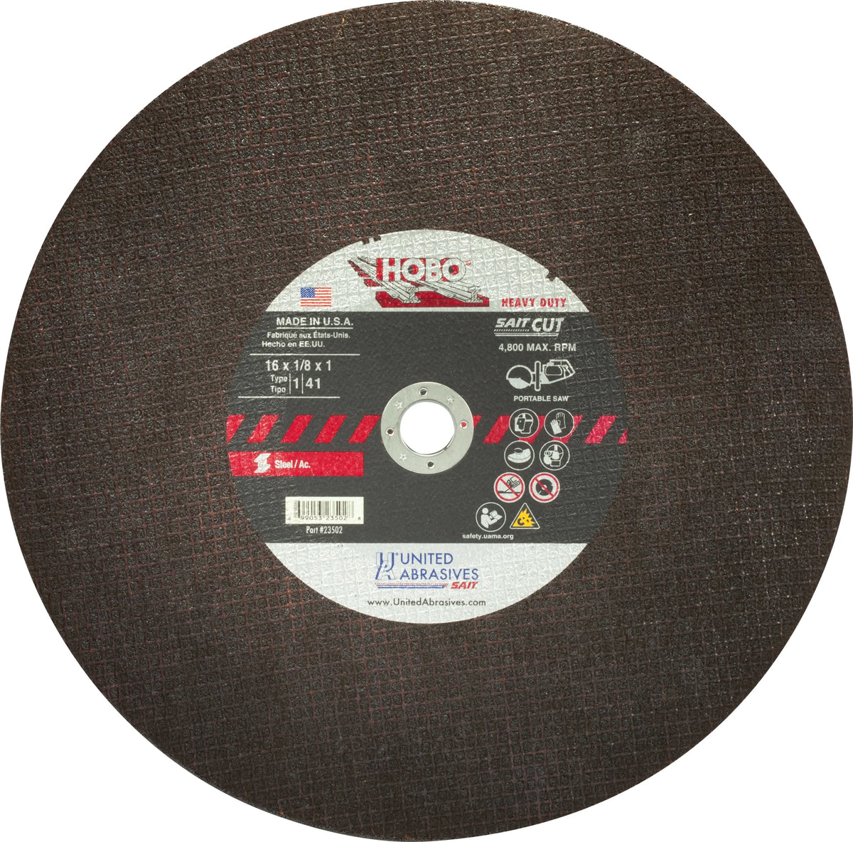 United Abrasives-SAIT 23502 HOBO® Heavy Metals and Rail Large Diameter Portable Saw Cutting Wheels 16" x 1/8" x 1", 1-Pack