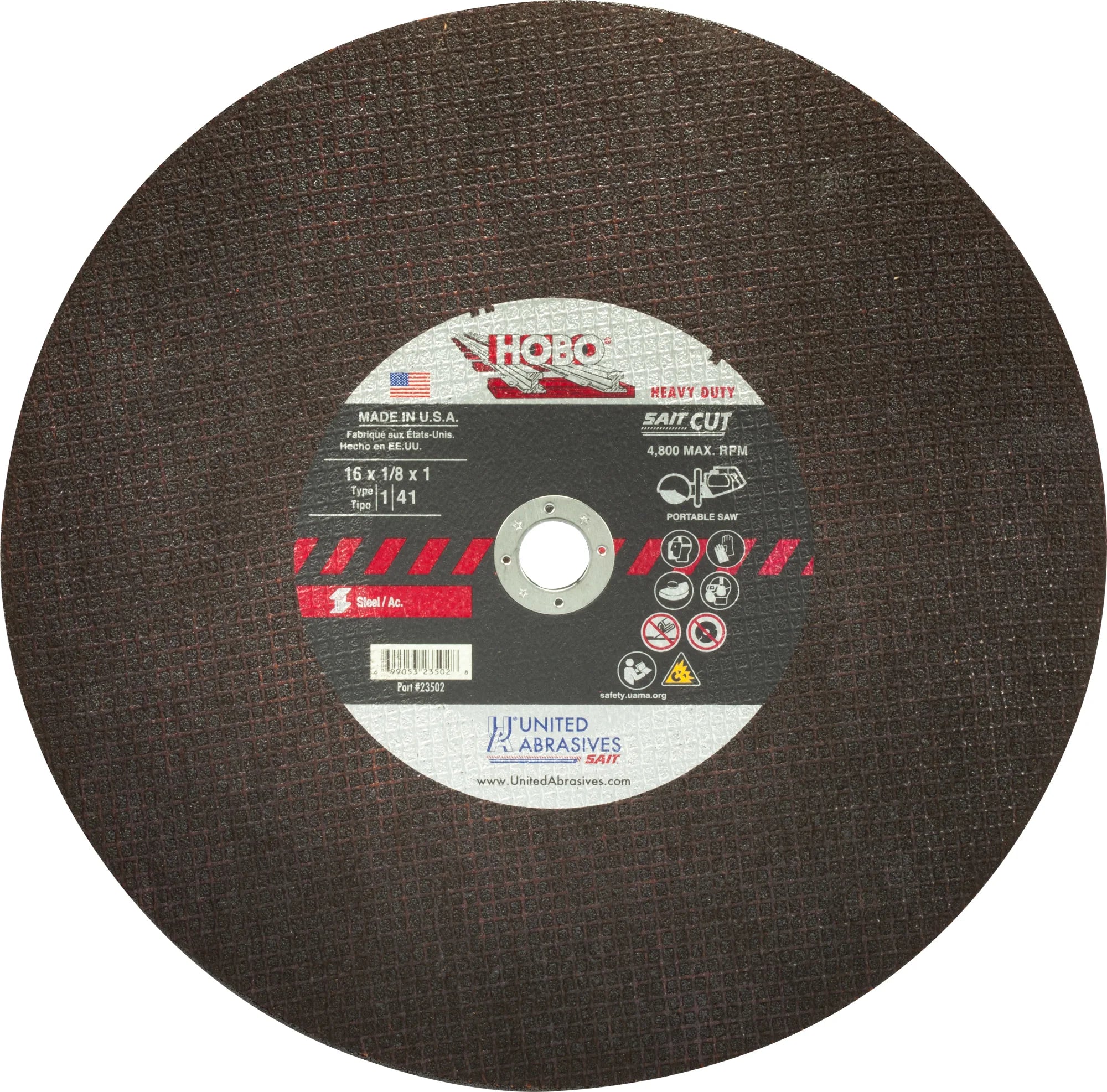 United Abrasives-SAIT 23502 HOBO® Heavy Metals and Rail Large Diameter Portable Saw Cutting Wheels 16" x 1/8" x 1", 1-Pack