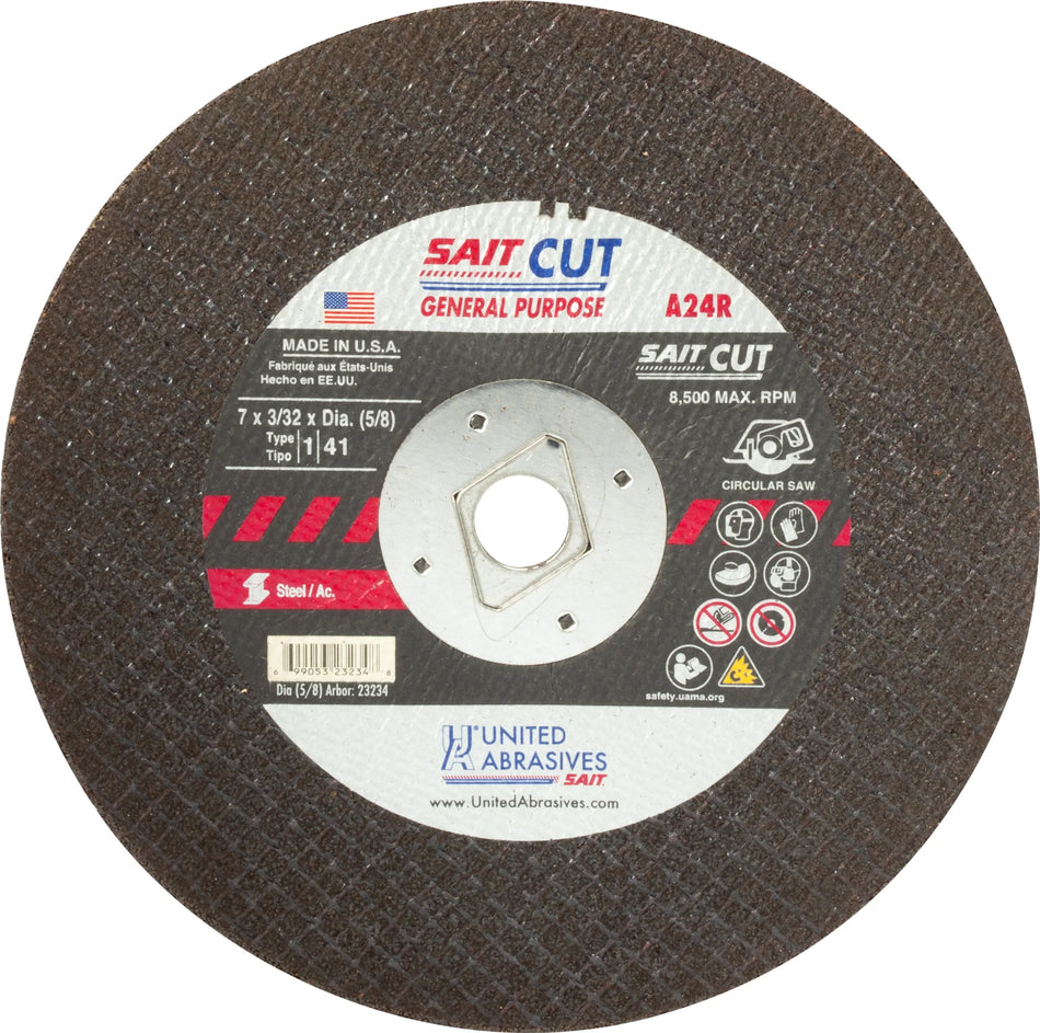 United Abrasives-SAIT 23234 A24R General Purpose Small Diameter Portable Saw Cutting Wheels 7" x 3/32" x Dia. (5/8"), 25-Pack