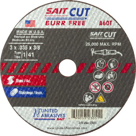 United Abrasives-SAIT 23051 A60T  Burr Free Thin High Speed Cut-Off Wheels 3" x .035" x 3/8", 1-Pack