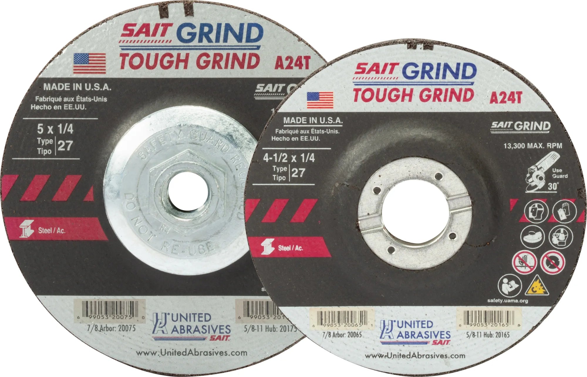 United Abrasives-SAIT 20075 A24T Tough Grind Grinding Wheel  (Type 27/Depressed Center) 5" x 1/4" x 7/8", 25-Pack