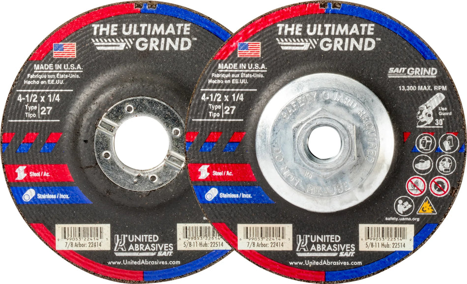 United Abrasives-SAIT 22519 Ultimate Grind™ Grinding Wheel (Type 27/Depressed Center) 9" x  1/4" x 5/8-11", 10-Pack 