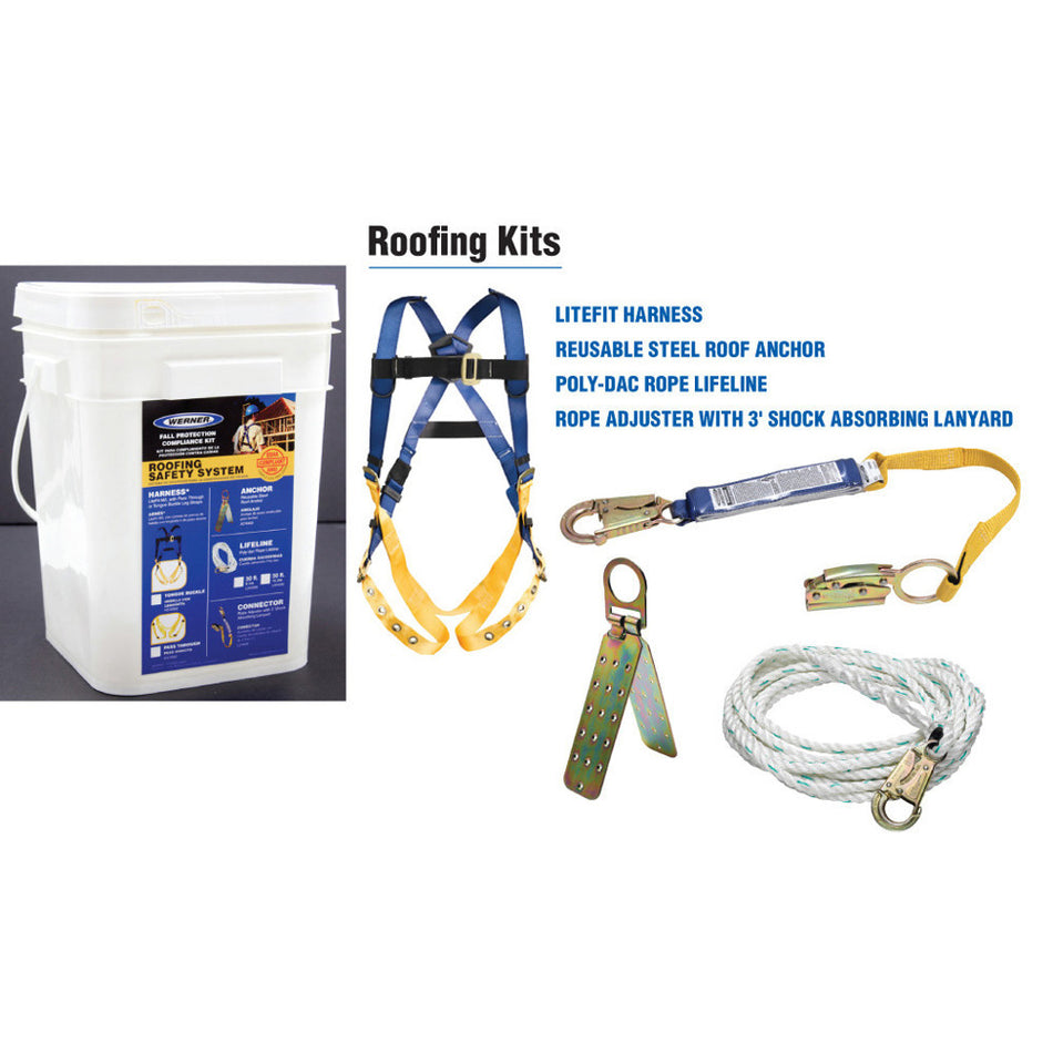Roofing Kit, BaseWear Pass-thru Buckle Harness, Back D-Ring, Basic 50ft Lifeline, Anchor, Bucket K111201