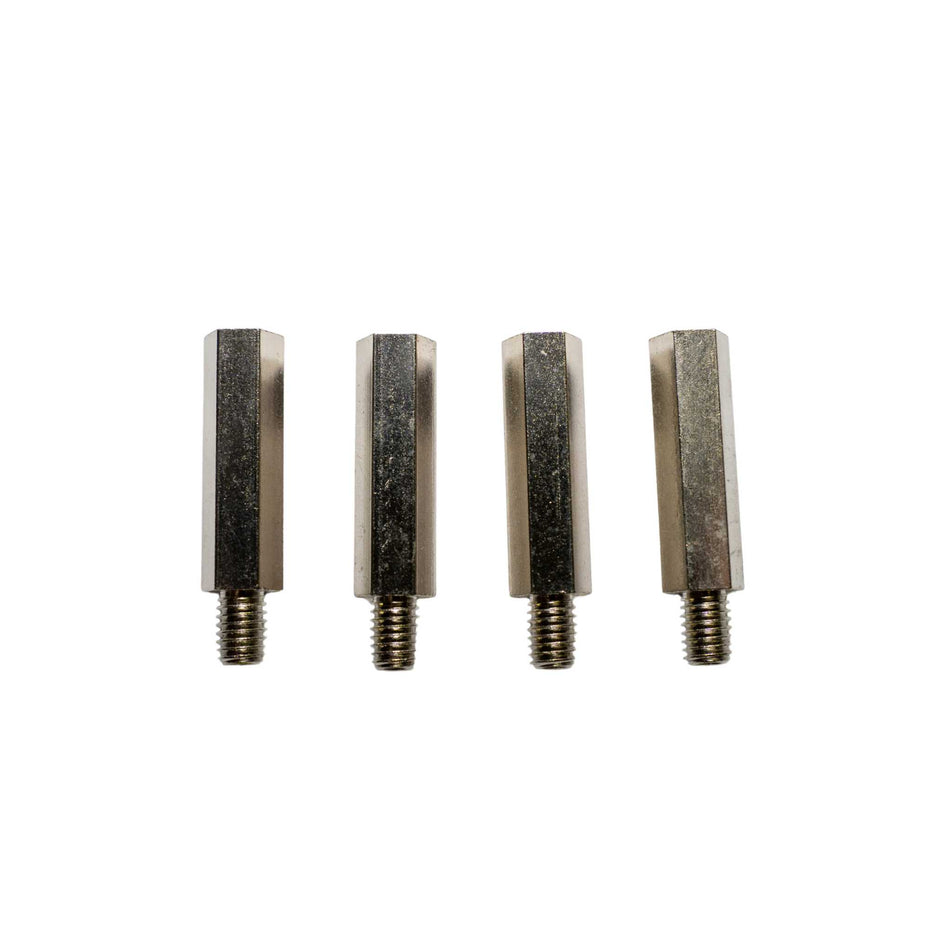 Four metallic hex bolts on a white background