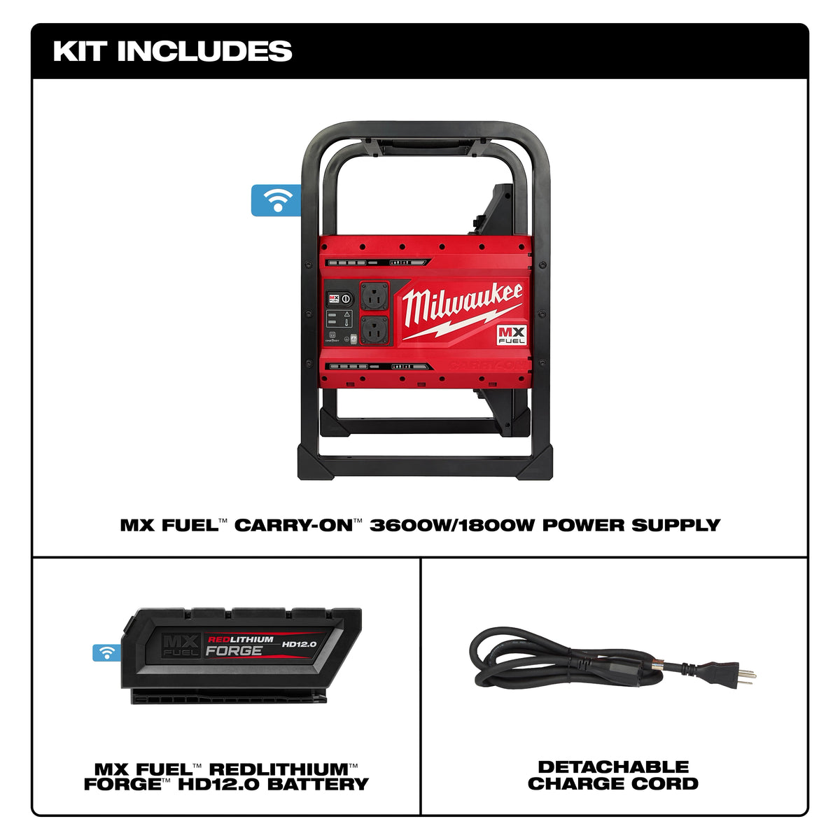 Milwaukee MX FUEL™ CARRY-ON™ 3600W/1800W Power Supply and Charger with MX FUEL™ REDLITHIUM™ FORGE™ HD12.0