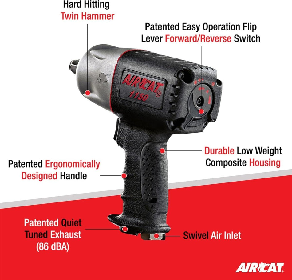 AIRCAT Pneumatic Tools 1150 1/2-Inch Composite Impact Wrench - Compact & Low Weight - Impact Tool for Automotive Repairs & Maintenance - AAA Industrial Supply