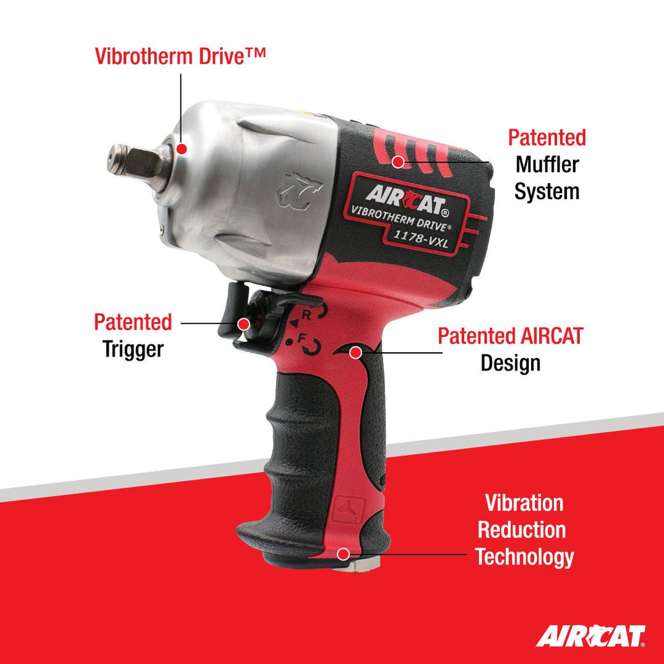 AIRCAT Pneumatic Tools 1178-VXL: 1/2-Inch Vibrotherm Drive Impact Wrench 1,300 ft-lbs of Torque - Standard Anvil - AAA Industrial Supply