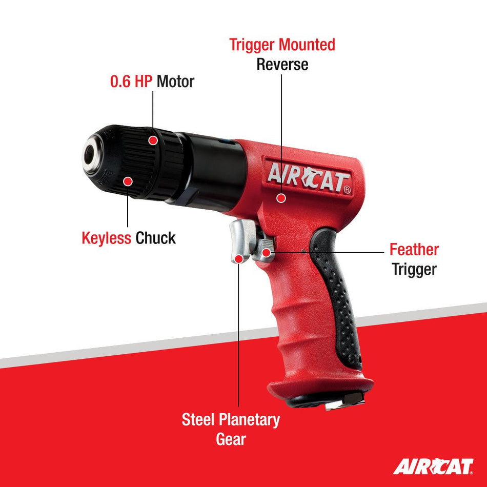 AIRCAT Pneumatic Tools 4338 .6 HP 3/8-Inch Composite Reversible Drill with Jacobs Chuck 1,800 RPM - AAA Industrial Supply