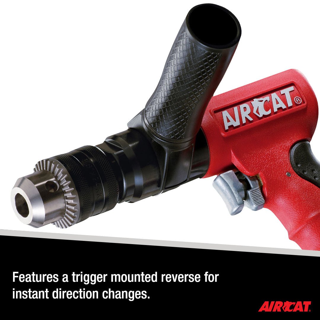 AIRCAT Pneumatic Tools 4450: 1/2-Inch Reversible Composite Drill Air Tool, Side Handle, 400 RPM, .60 HP Motor - AAA Industrial Supply