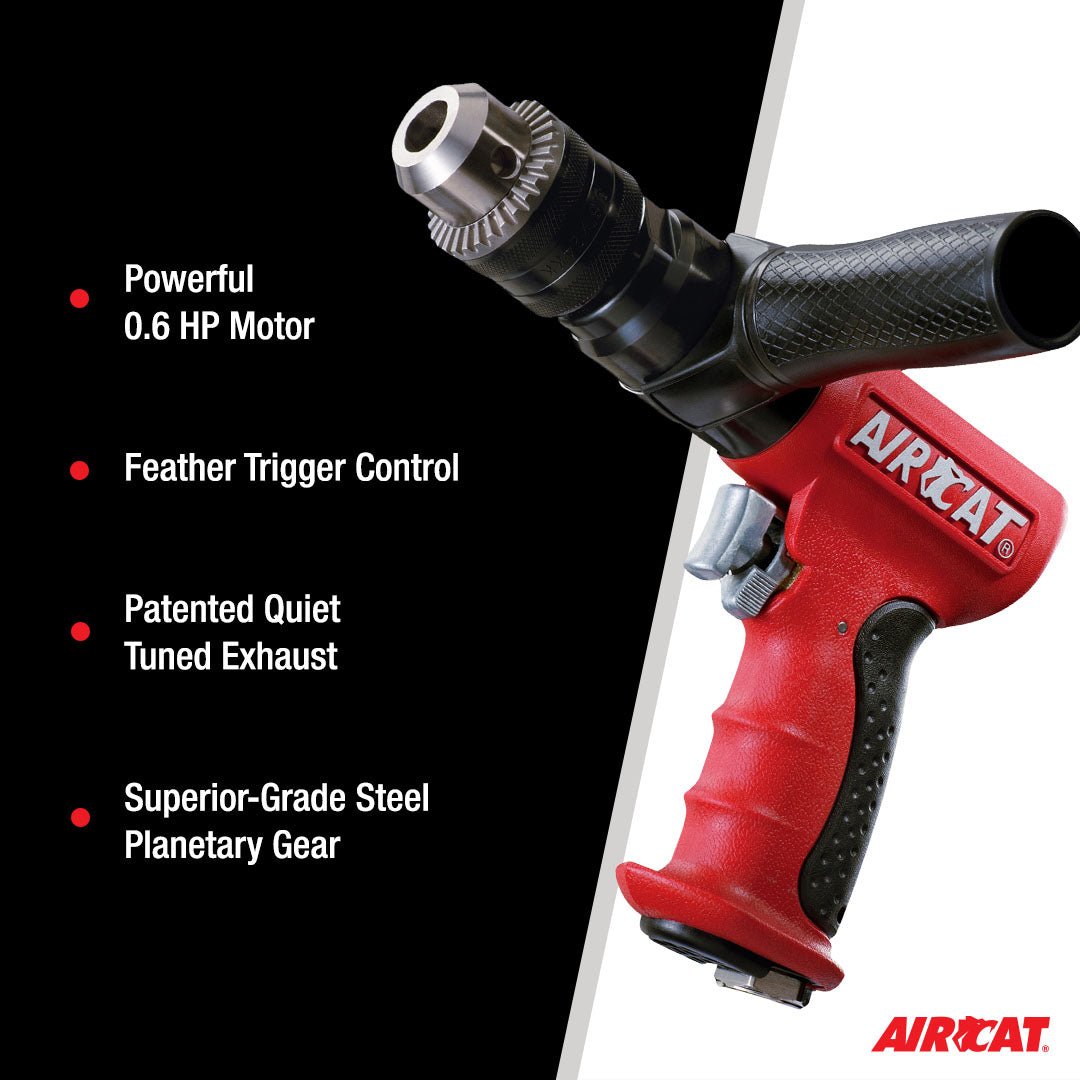 AIRCAT Pneumatic Tools 4450: 1/2-Inch Reversible Composite Drill Air Tool, Side Handle, 400 RPM, .60 HP Motor - AAA Industrial Supply