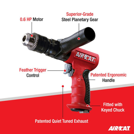 AIRCAT Pneumatic Tools 4450: 1/2-Inch Reversible Composite Drill Air Tool, Side Handle, 400 RPM, .60 HP Motor - AAA Industrial Supply