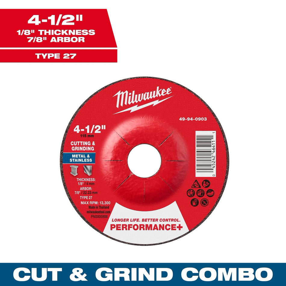 Milwaukee Tool 4-1/2" x 1/8" x 7/8" Performance+ Dual Metal Cut & Grind Wheel - Type 27 25-PK