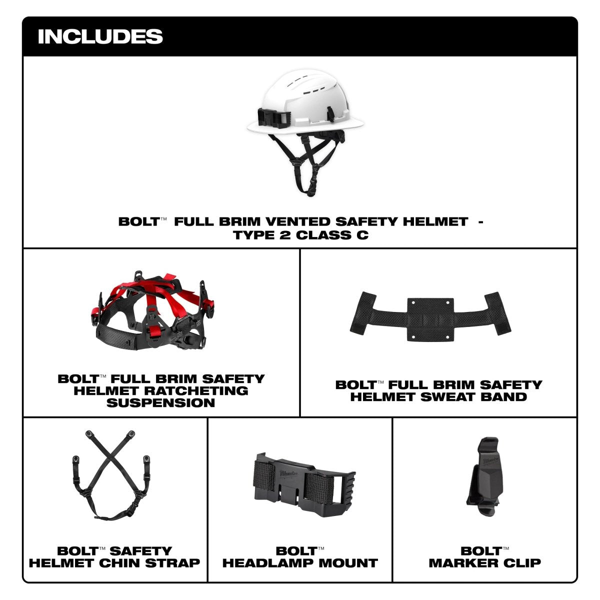 BOLT™ Black Full Brim Vented Safety Helmet – Type 2, Class C - AAA Industrial Supply
