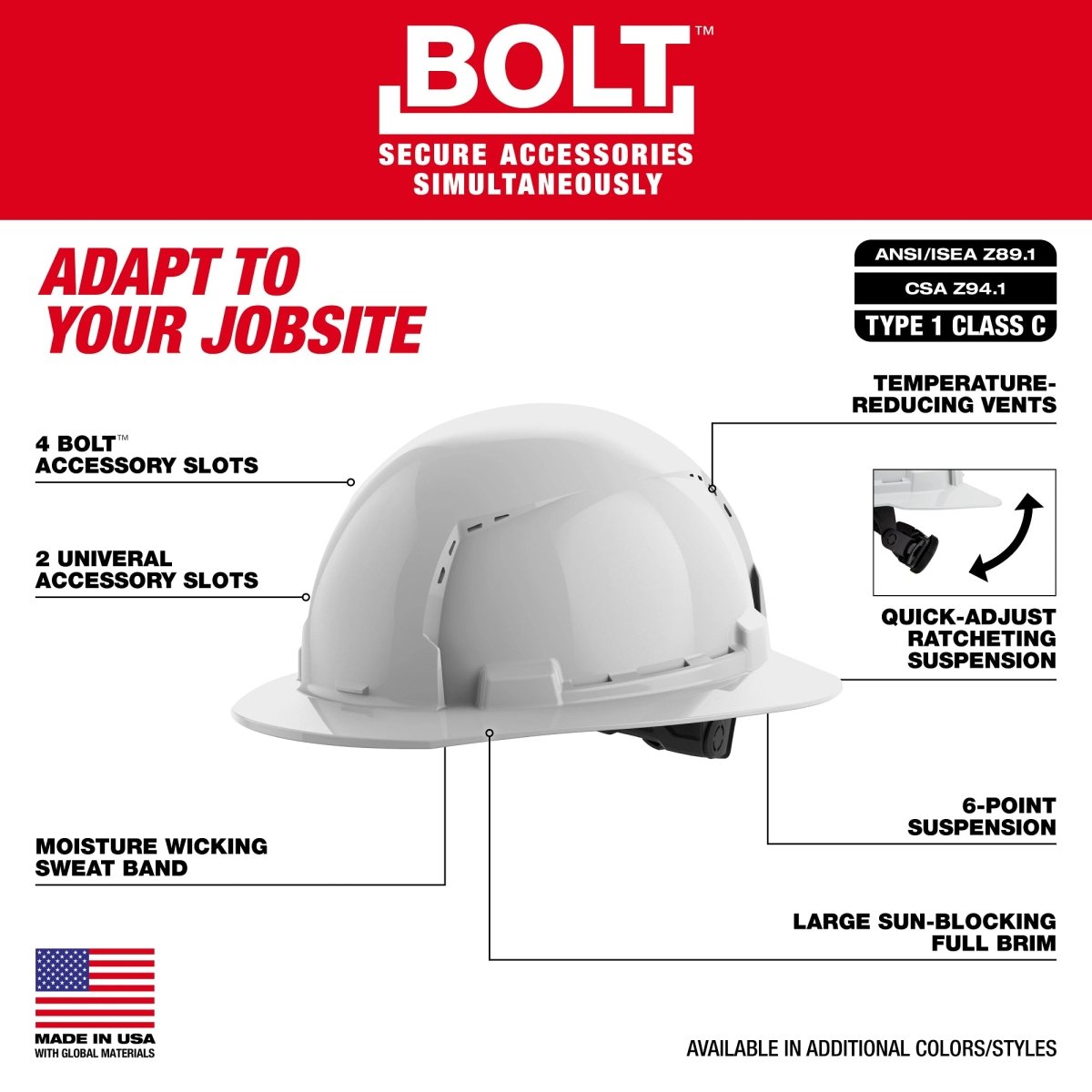 BOLT™ Orange Full Brim Vented Hard Hat w/6pt Ratcheting Suspension (USA) - Type 1, Class C - AAA Industrial Supply