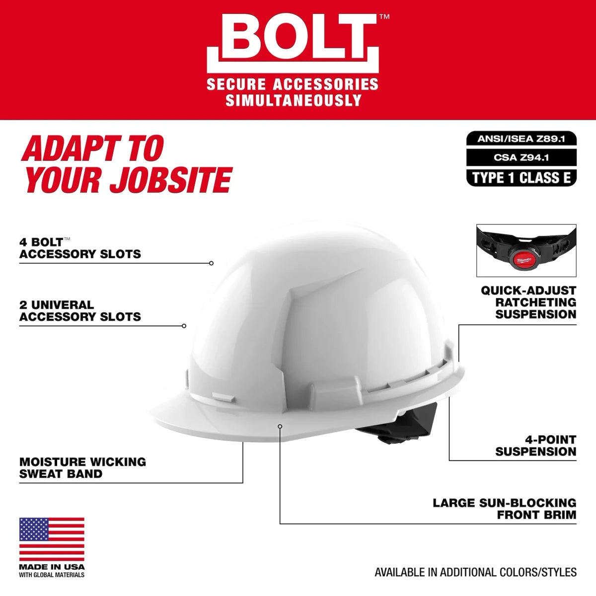 BOLT™ White Front Brim Hard Hat w/4pt Ratcheting Suspension (USA) - Type 1, Class E - AAA Industrial Supply