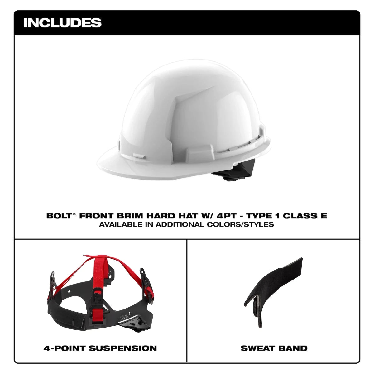BOLT™ White Front Brim Hard Hat w/4pt Ratcheting Suspension (USA) - Type 1, Class E - AAA Industrial Supply
