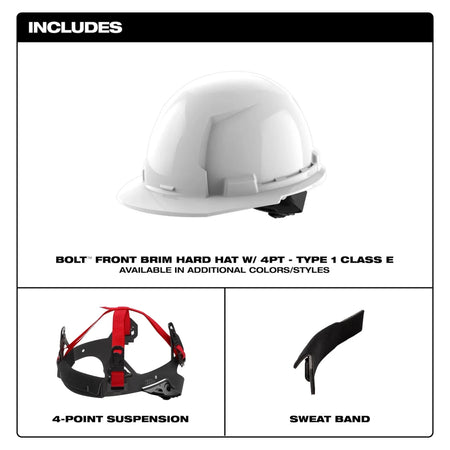 BOLT™ White Front Brim Hard Hat w/4pt Ratcheting Suspension (USA) - Type 1, Class E - AAA Industrial Supply