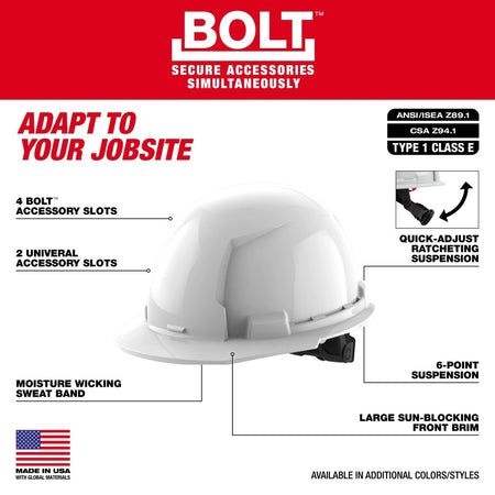 BOLT™ White Front Brim Hard Hat w/6pt Ratcheting Suspension (USA) - Type 1, Class E - AAA Industrial Supply