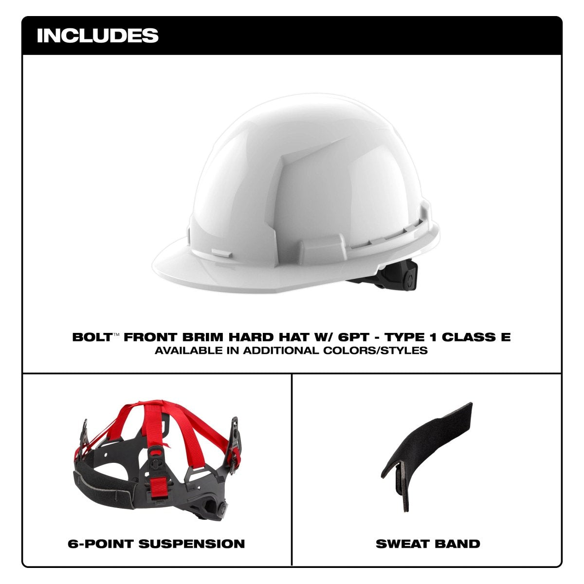 BOLT™ White Front Brim Hard Hat w/6pt Ratcheting Suspension (USA) - Type 1, Class E - AAA Industrial Supply