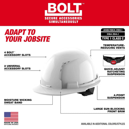 BOLT™ White Front Brim Vented Hard Hat w/4pt Ratcheting Suspension (USA) - Type 1, Class C - AAA Industrial Supply