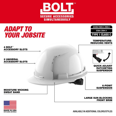 BOLT™ White Front Brim Vented Hard Hat w/6pt Ratcheting Suspension (USA) - Type 1, Class C - AAA Industrial Supply