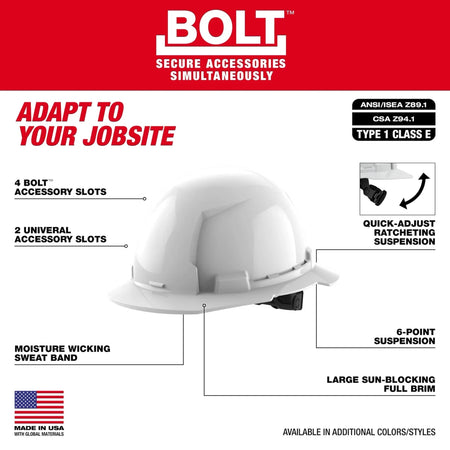 BOLT™ White Full Brim Hard Hat w/6pt Ratcheting Suspension (USA) - Type 1, Class E - AAA Industrial Supply