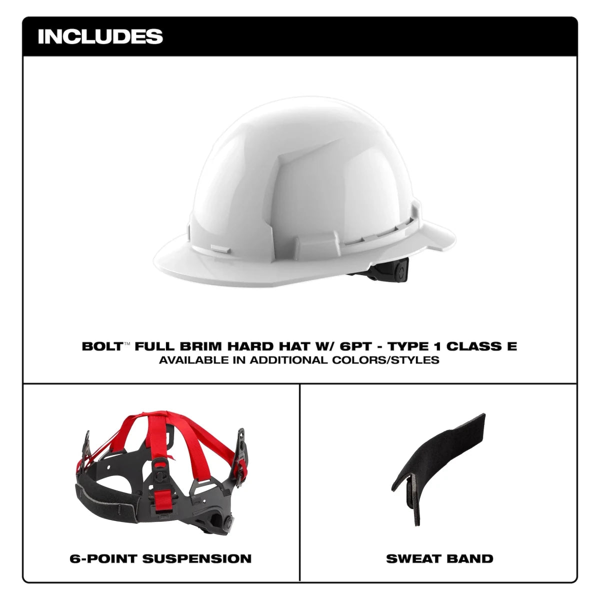 BOLT™ White Full Brim Hard Hat w/6pt Ratcheting Suspension (USA) - Type 1, Class E - AAA Industrial Supply