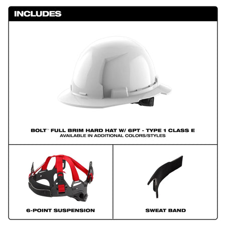 BOLT™ White Full Brim Hard Hat w/6pt Ratcheting Suspension (USA) - Type 1, Class E - AAA Industrial Supply