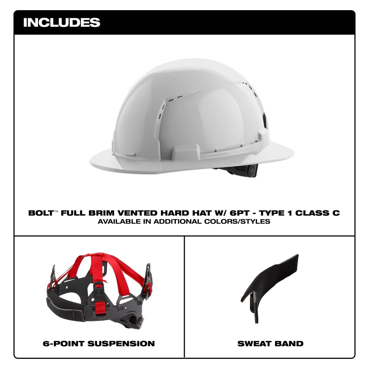 BOLT™ White Full Brim Vented Hard Hat w/6pt Ratcheting Suspension (USA) - Type 1, Class C - AAA Industrial Supply