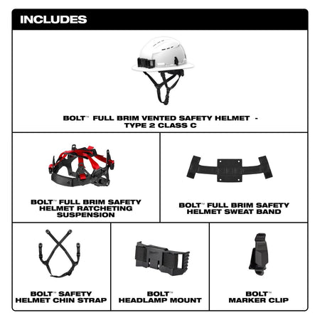BOLT™ White Full Brim Vented Safety Helmet – Type 2, Class C - AAA Industrial Supply