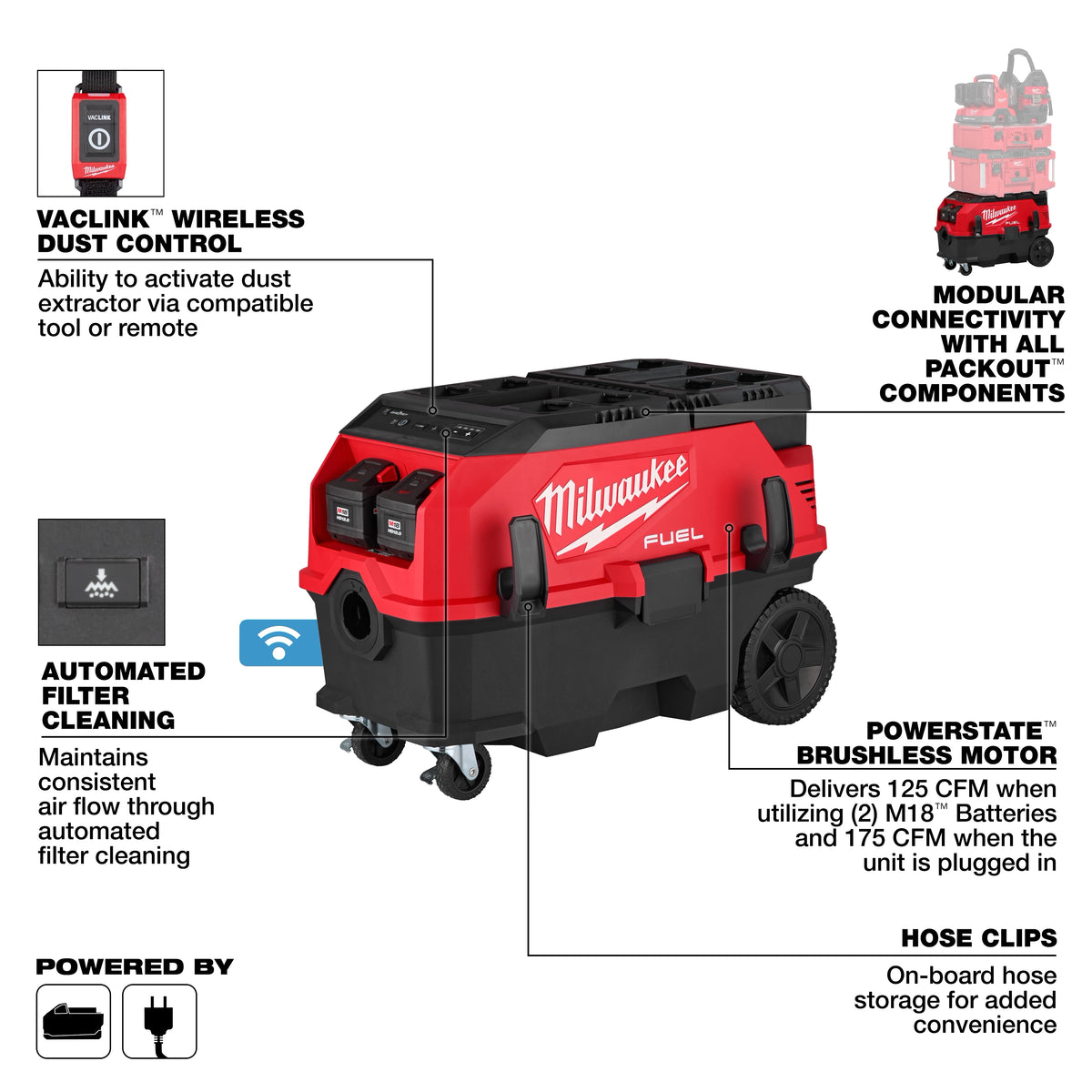 Milwaukee M18 FUEL™ 9 Gallon Dual Battery Dust Extractor w/ PACKOUT™ Compatibility and VACLINK™ Kit