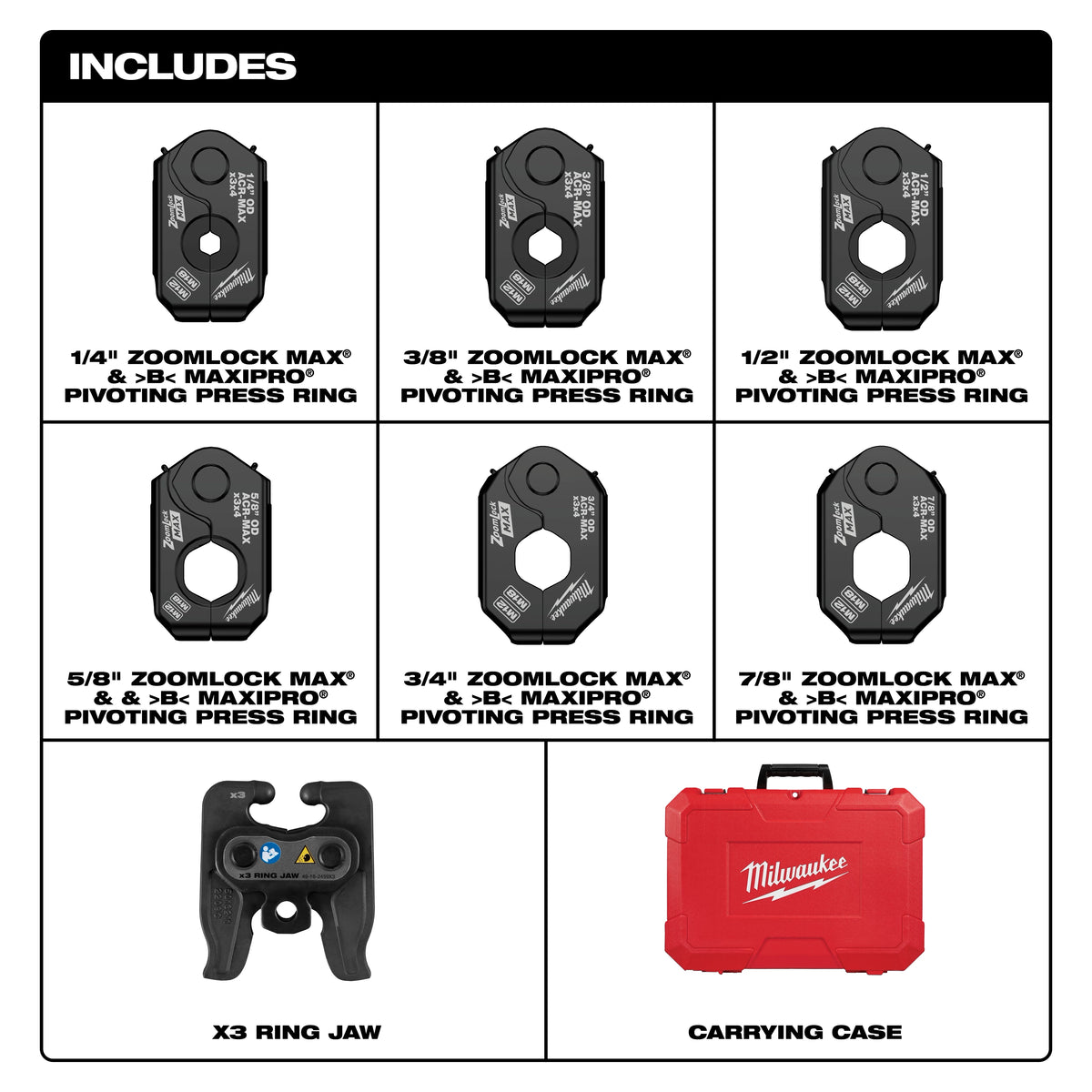 Milwaukee ¼” – 7/8” ZoomLock MAX® & >B< MaxiPro® Pivoting Press Ring Kit for M12™ FORCE LOGIC™ Press Tool