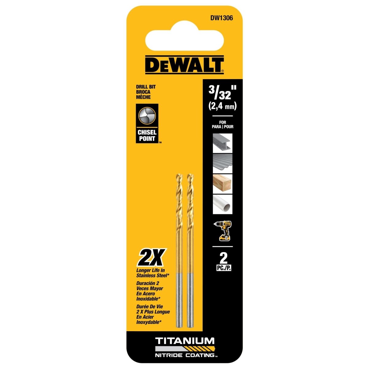 Dewalt 3/32In Titanium Speed Tip Drill Bit - 2 P Dw1306 - AAA Industrial Supply