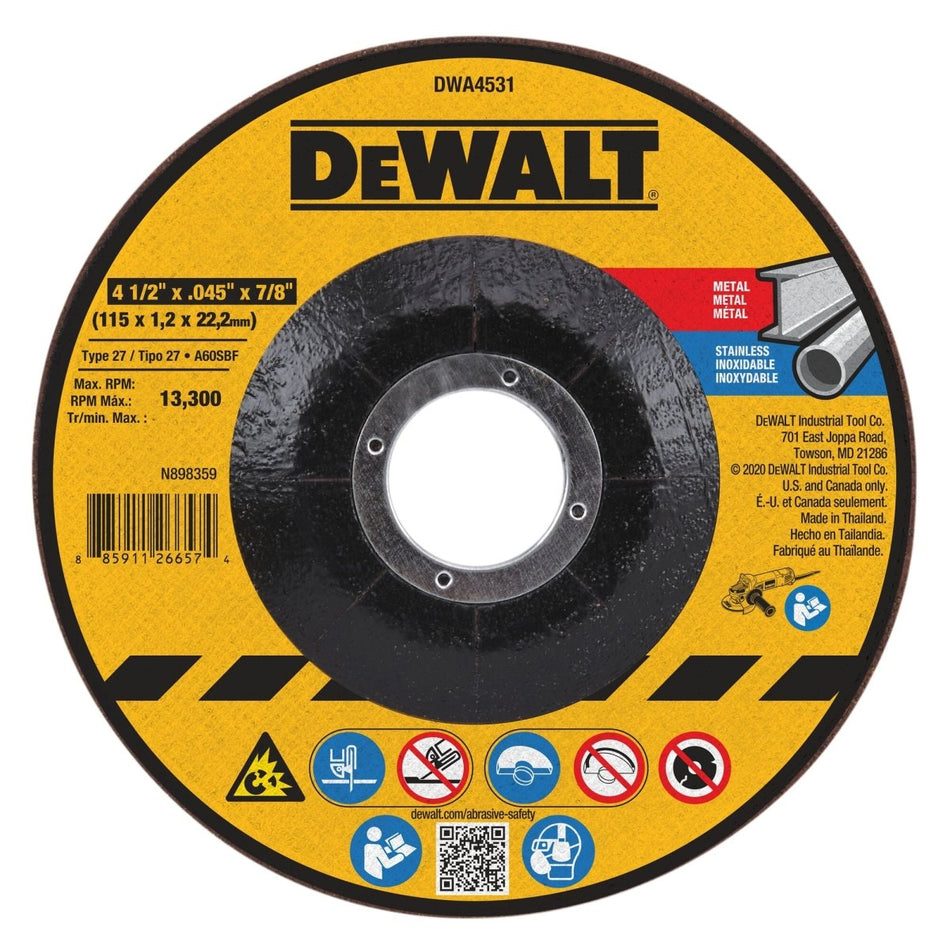 Dewalt T27 Metal Cut - Off Wheel, 4 - 1/2 - Inch X .045 - Inch X 7/8 - Inch - AAA Industrial Supply