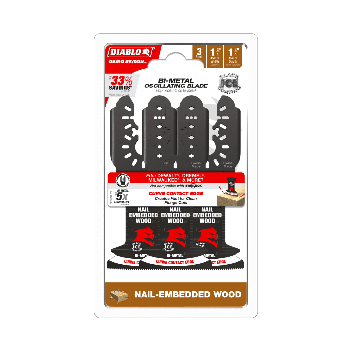 Diablo Demo Demon™ 1 - 3/4" Starlock Bi - Metal Oscillating Blades for Clean Wood (3 - pk) - AAA Industrial Supply