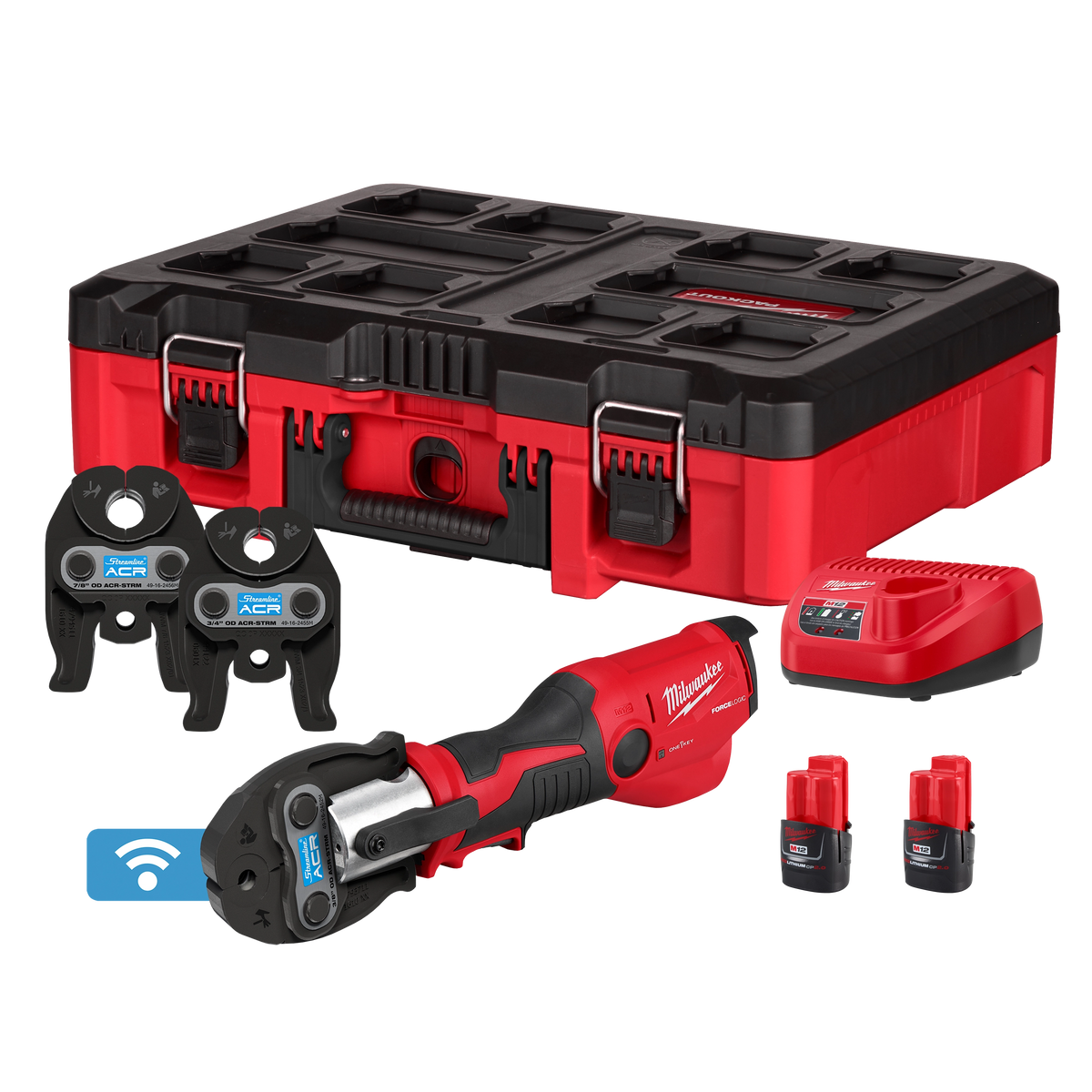 Milwaukee M12™ FORCE LOGIC™ Press Tool Kit w/ ONE KEY™ with 3/8", 3/4", & 7/8" Streamline® ACR Press Jaws