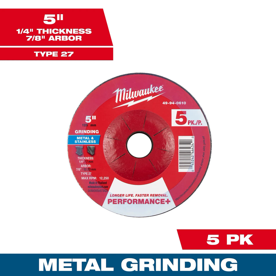 Milwaukee Tool 5" x 1/4" x 7/8" Performance+ Metal Grinding  Wheel - Type 27 - 5pk 2-PK