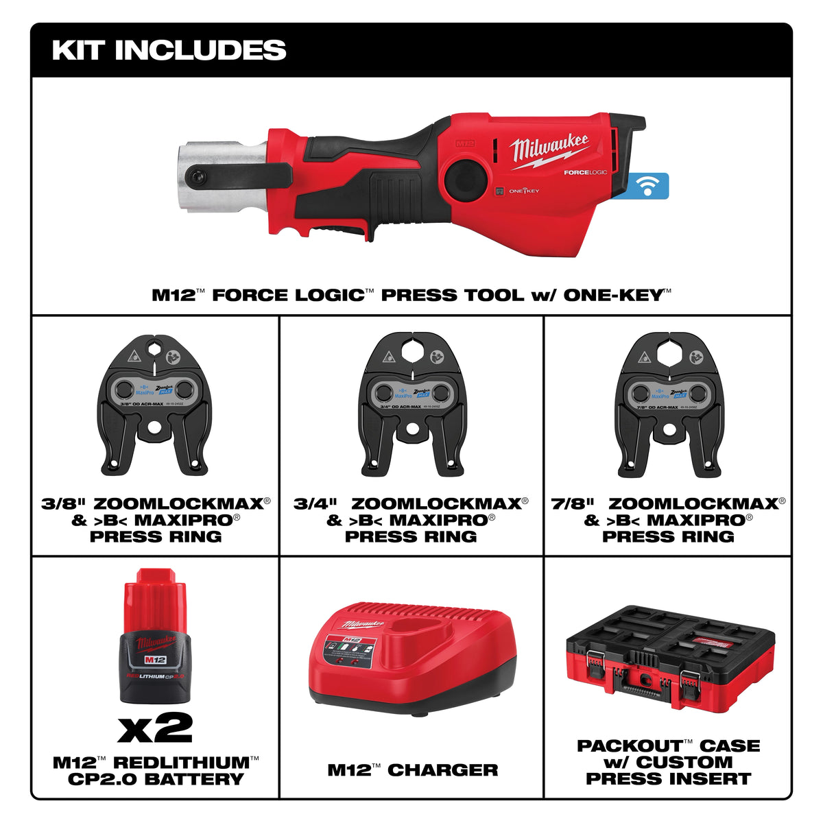Milwaukee M12™ FORCE LOGIC™ Press Tool Kit w/ ONE KEY™ with 3/8", 3/4", & 7/8" ZoomLock MAX® & >B< MaxiPro® Press Jaws
