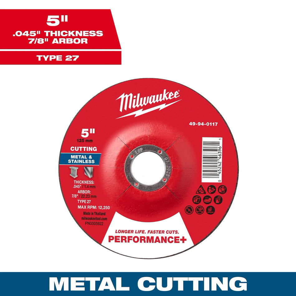 Milwaukee Tool 5" x .045" x 7/8" Performance+ Metal Cut Off Wheel - Type 27 25-PK