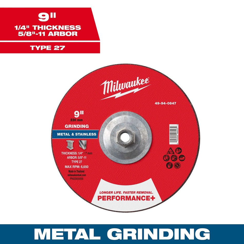 Milwaukee Tool 9" x 1/4" x 5/8"-11 Performance+ Metal Grinding Wheel - Type 27 5-PK