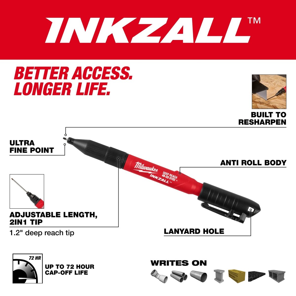 INKZALL™ 2IN1 Deep Reach Ultra Fine Point Black Jobsite Marker - AAA Industrial Supply