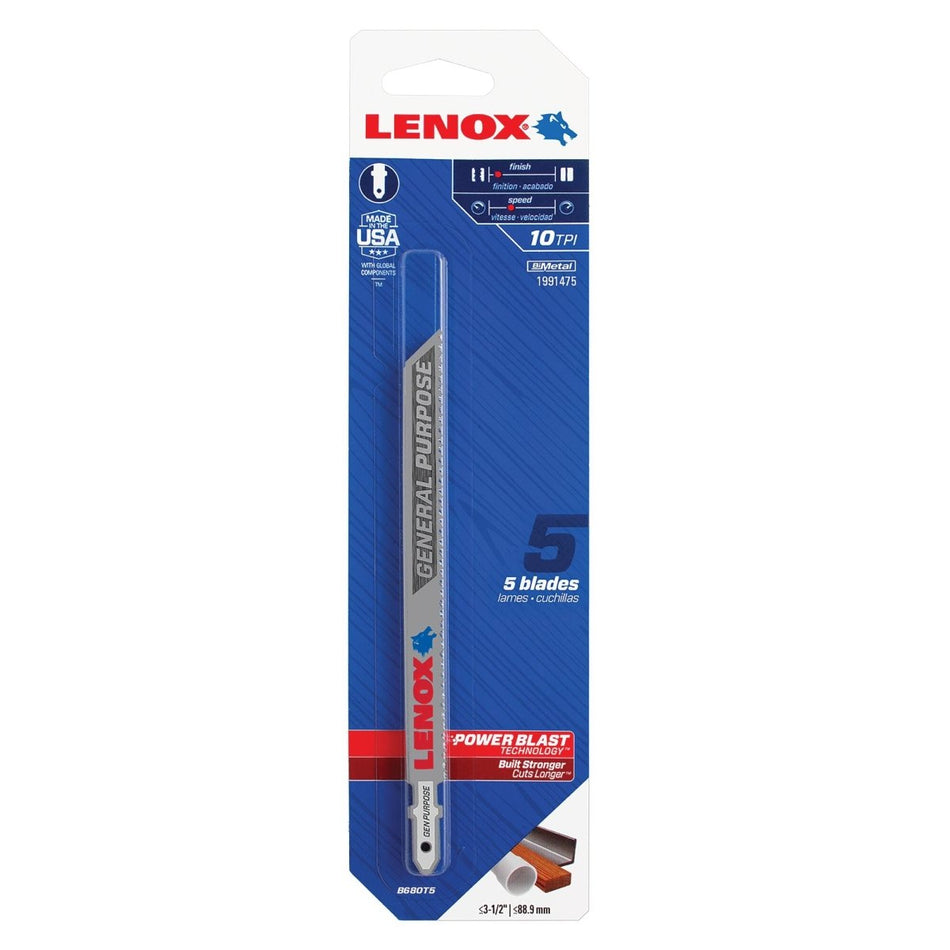 Lenox T - Shank General Purpose Jig Saw Blade, 5 1/4" X 3/8" 10 Tpi, 5 Pack - AAA Industrial Supply