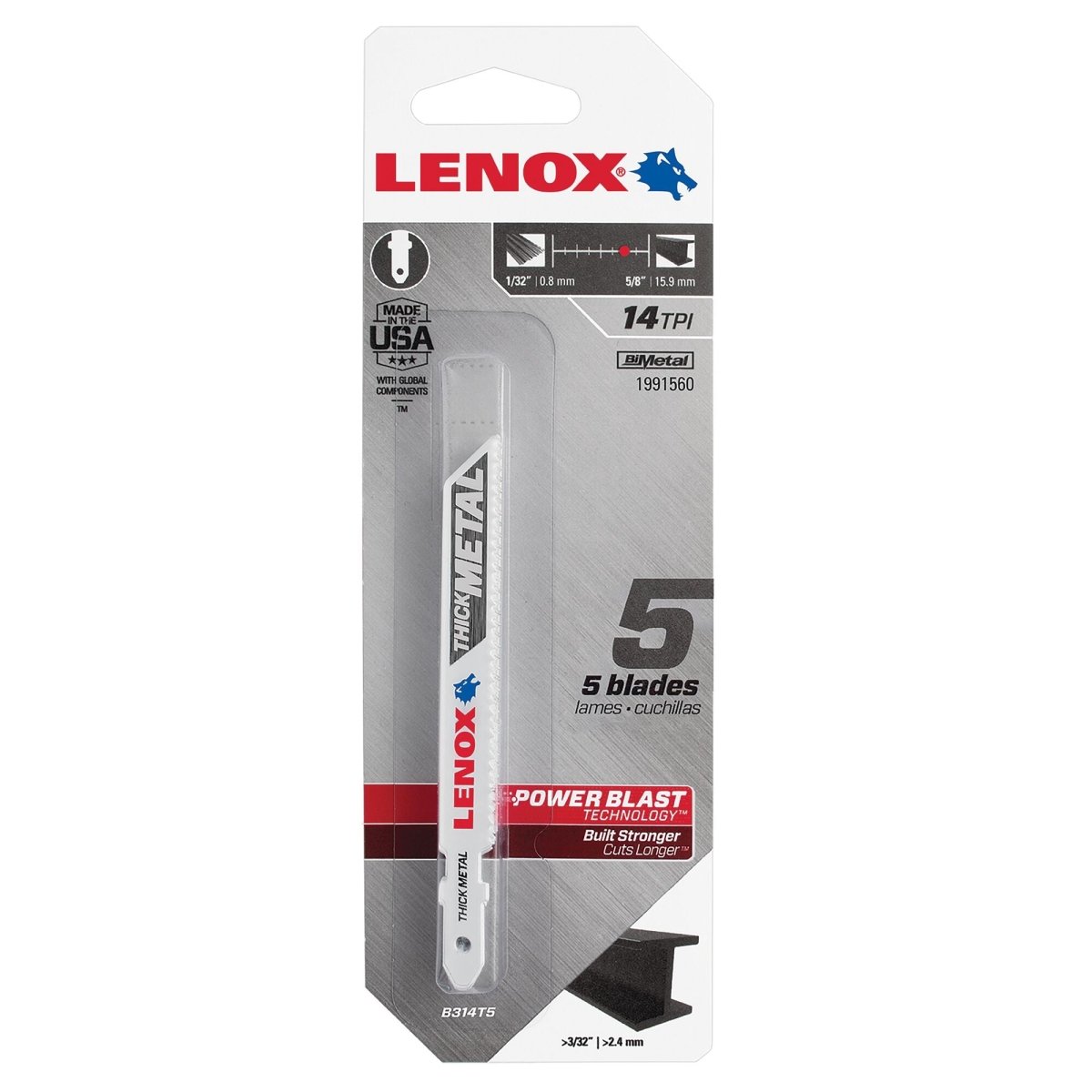 Lenox T - Shank Thick Metal Cutting Jig Saw Blade, 3 5/8" X 3/8" 14 Tpi, 5 Pack - AAA Industrial Supply