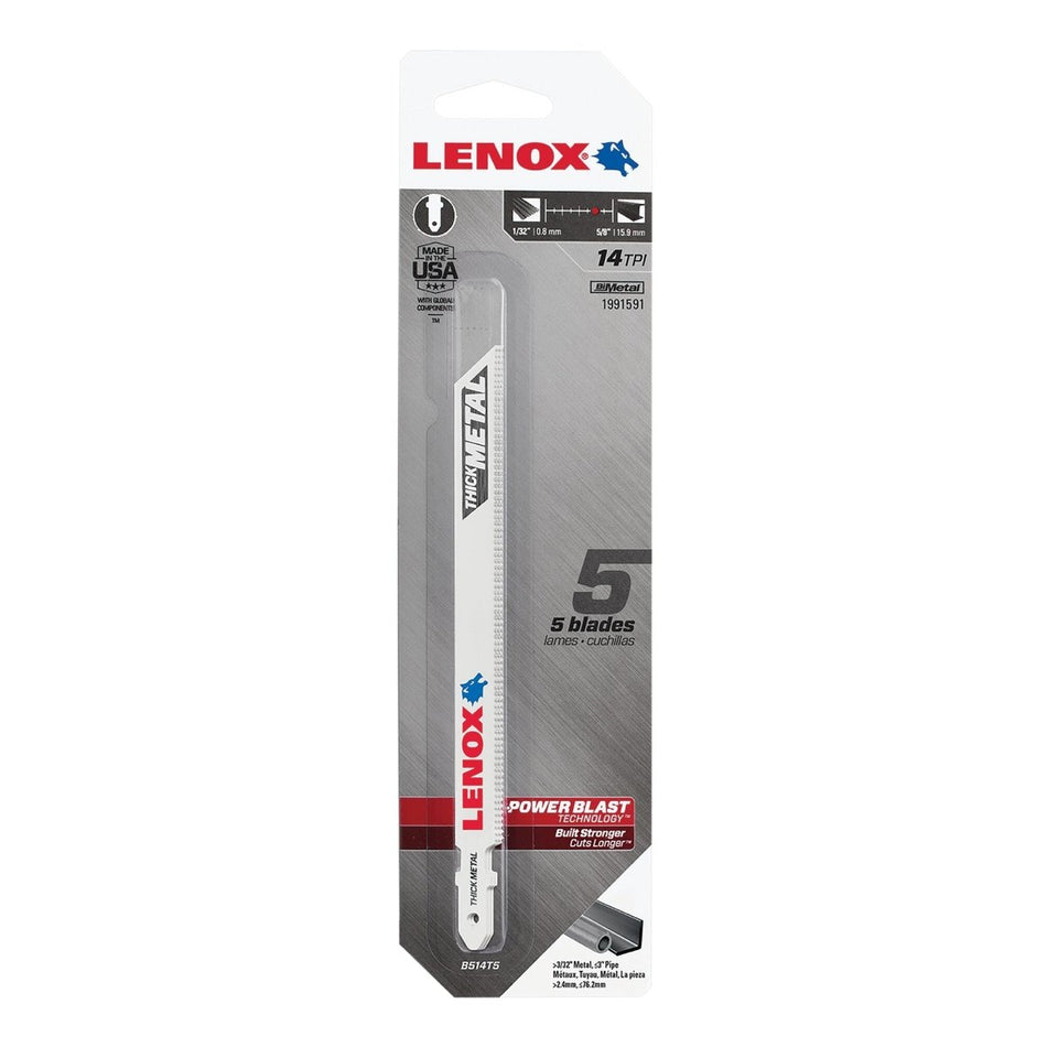 Lenox T - Shank Thick Metal Cutting Jig Saw Blade, 5 1/4" X 3/8" 14 Tpi, 5 Pack - AAA Industrial Supply