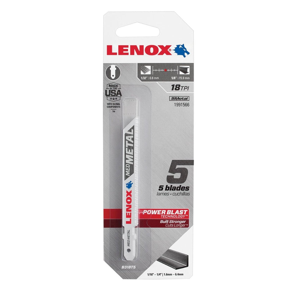 Lenox Tools T - Shank Medium Metal Cutting Jig Saw Blade, 3 5/8" X 3/8" 18 Tpi, 5 Pack - AAA Industrial Supply