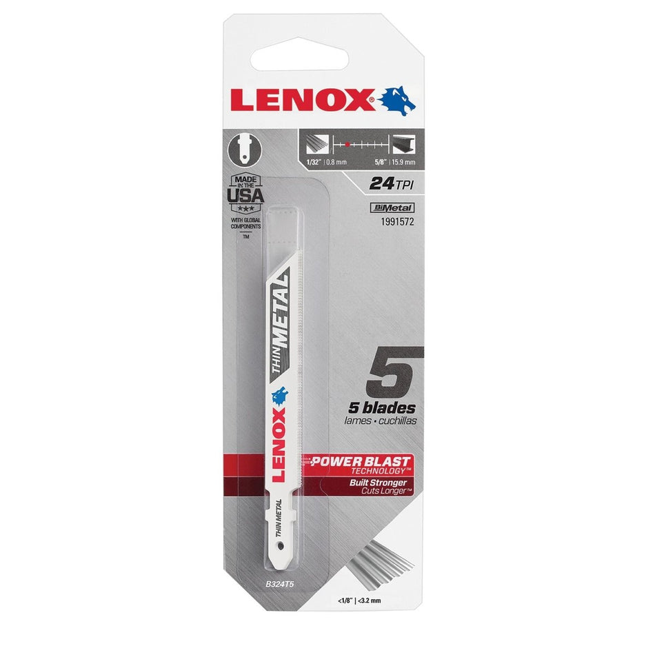Lenox Tools T - Shank Thin Metal Cutting Jig Saw Blade, 3 5/8" X 3/8" 24 Tpi, 5 Pack - AAA Industrial Supply