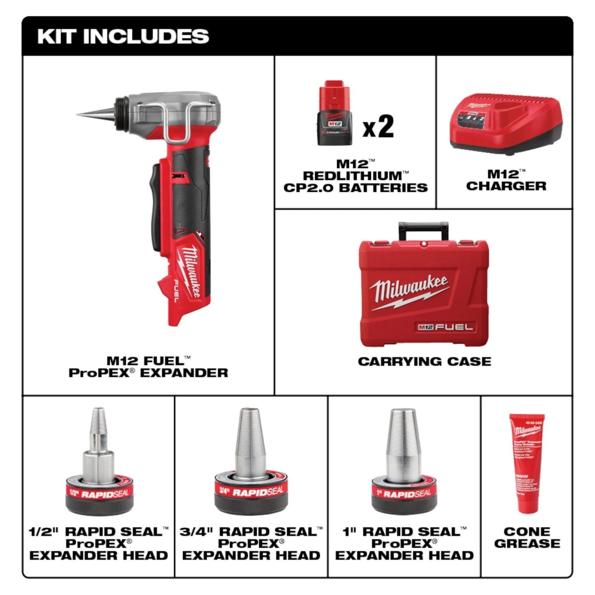 M12 FUEL™ ProPEX® Expander Kit w/ 1/2" - 1" RAPID SEAL™ ProPEX® Expander Heads - AAA Industrial Supply