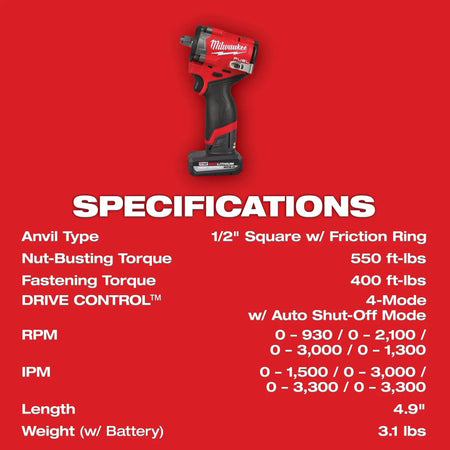 M12 FUEL™ Stubby 1/2" Impact Wrench Kit - AAA Industrial Supply