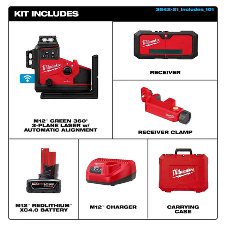 M12™ Green 360° 3-Plane Laser w/Automatic Alignment & Receiver - AAA Industrial Supply